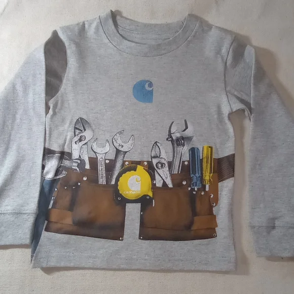 2T Carhartt Gray Long Sleeve Kids Shirt with Tool Belt Graphic And Logo - Picture 3 of 3